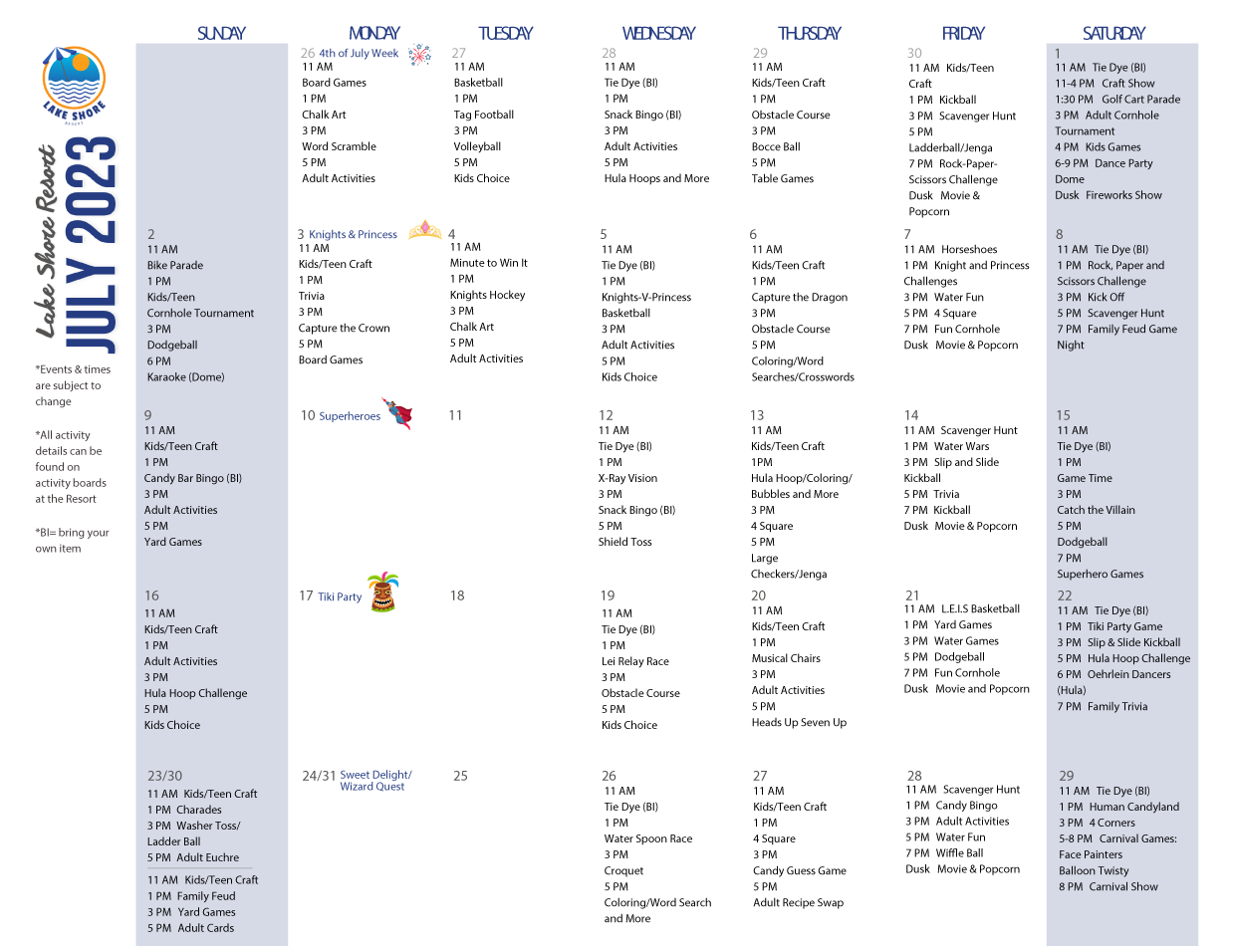 Activity Calendars | Lake Shore Resort